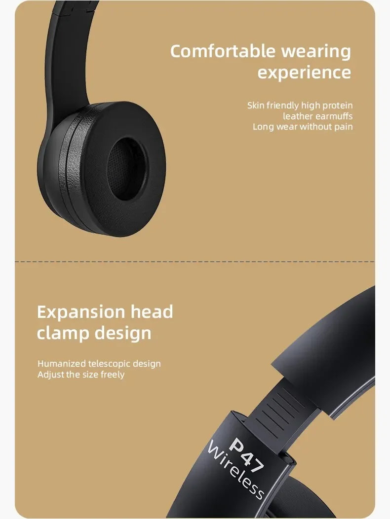 P47 Bluetooth 5.0 Headset – Foldable, Noise-Cancelling, Perfect for Sports & Music