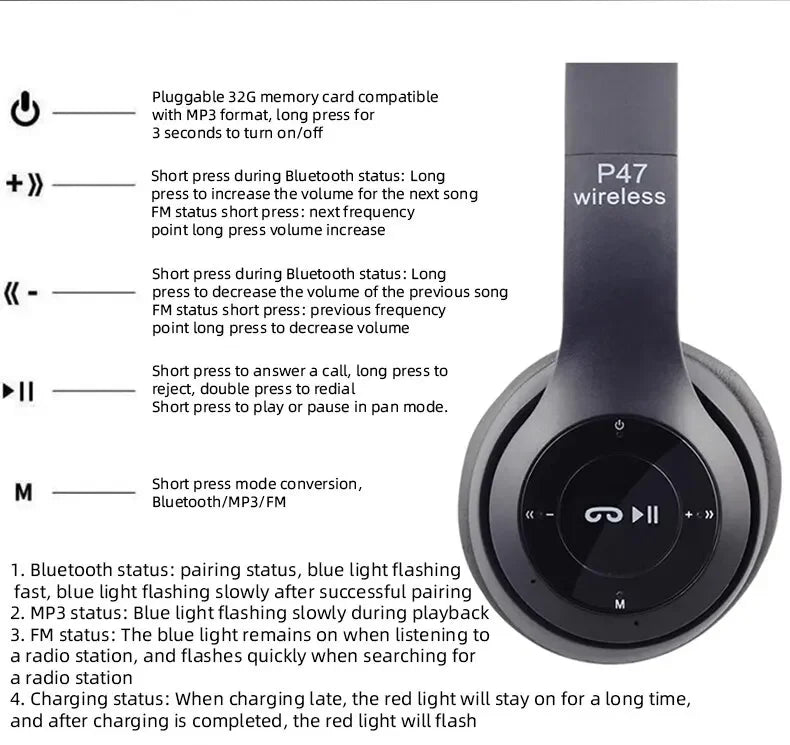 P47 Bluetooth 5.0 Headset – Foldable, Noise-Cancelling, Perfect for Sports & Music